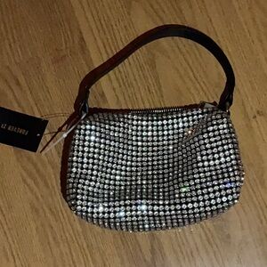 Forever 21 Silver Crystal Mesh Wristlet Clutch with Black Strap
